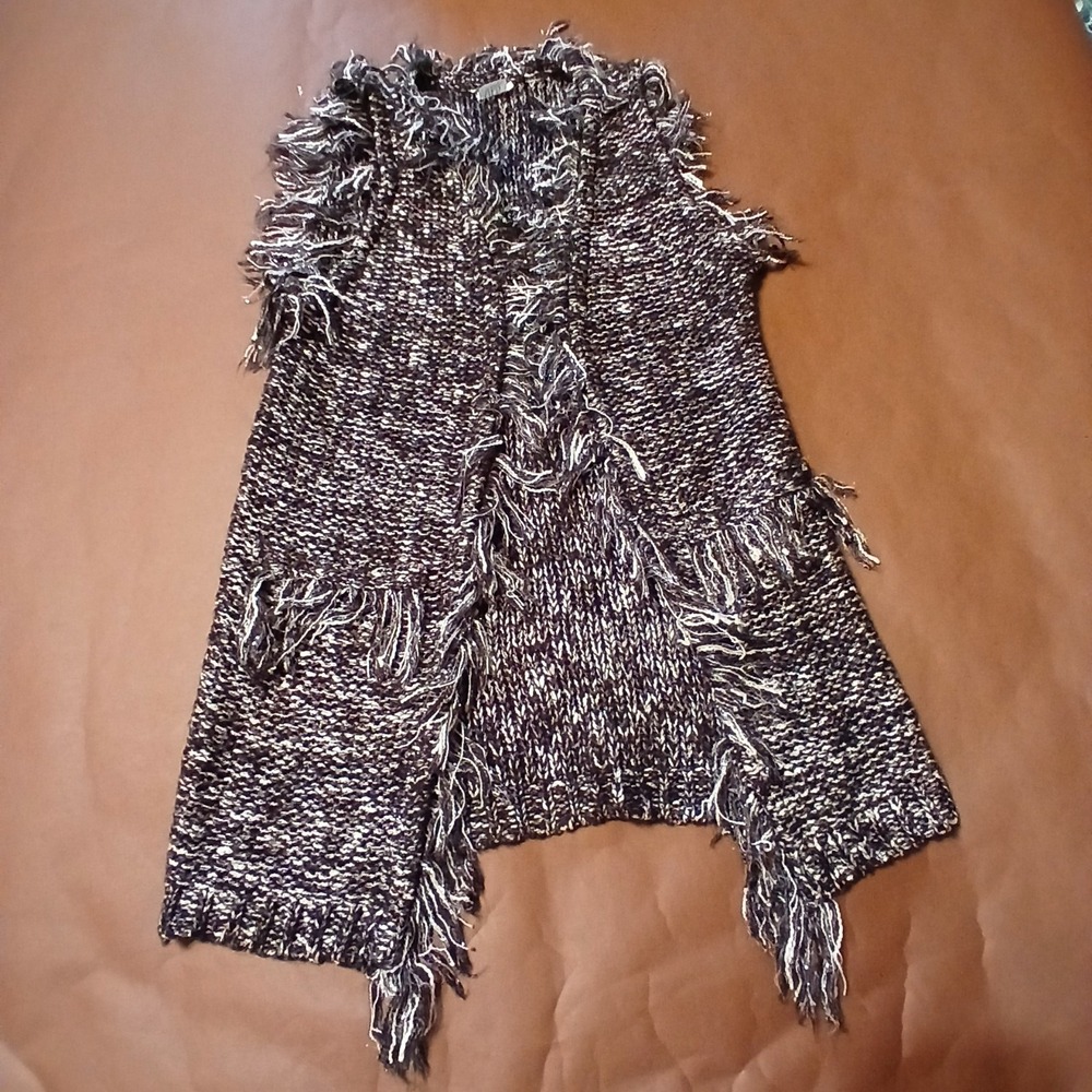Black white Glitter textured knit cardigan vest open front Fringe